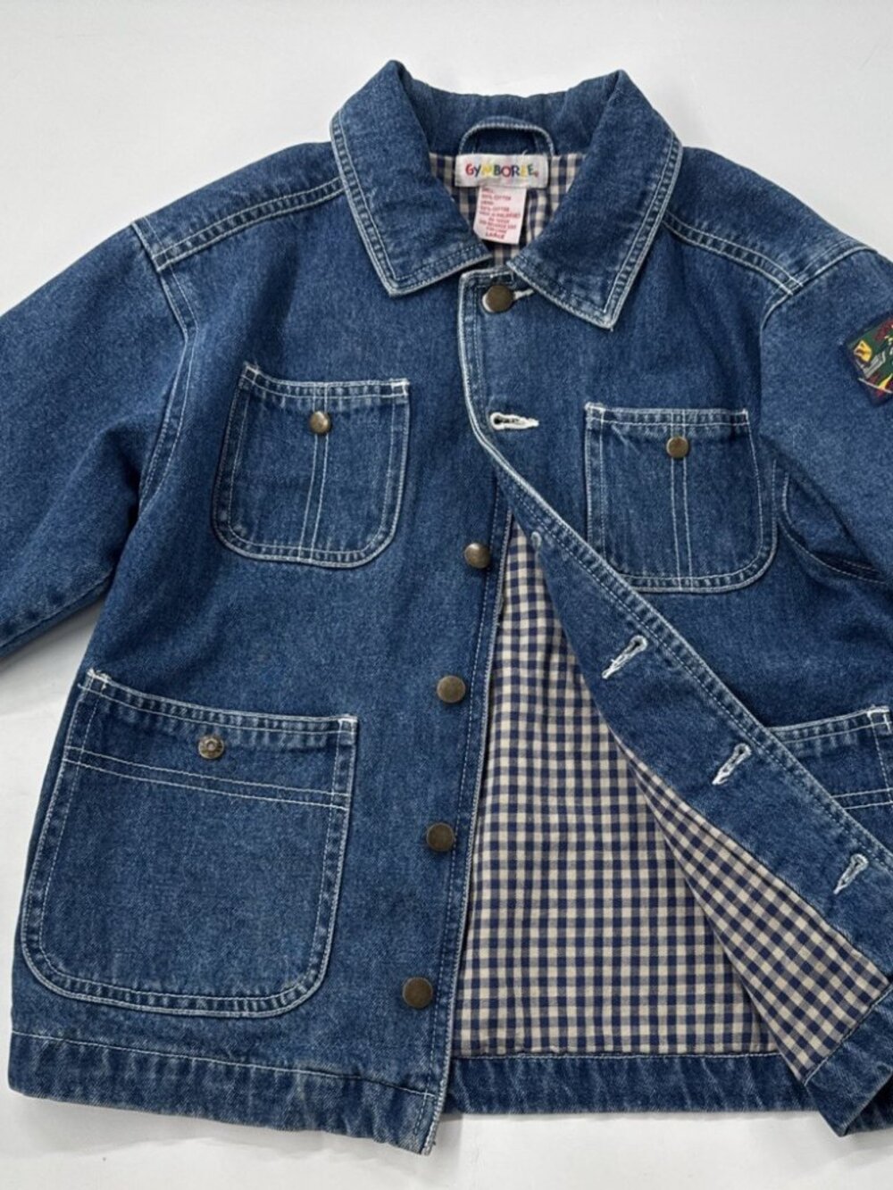 Vintage Gymboree Denim Jacket Boys Large 6-7 Blue Chore Coat Lined Button Jean